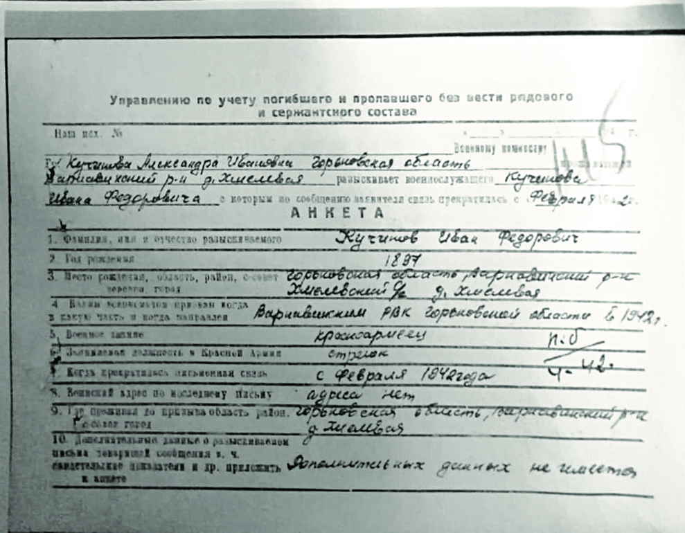 Справка из военного архива о гибели Кучинова И.Ф.